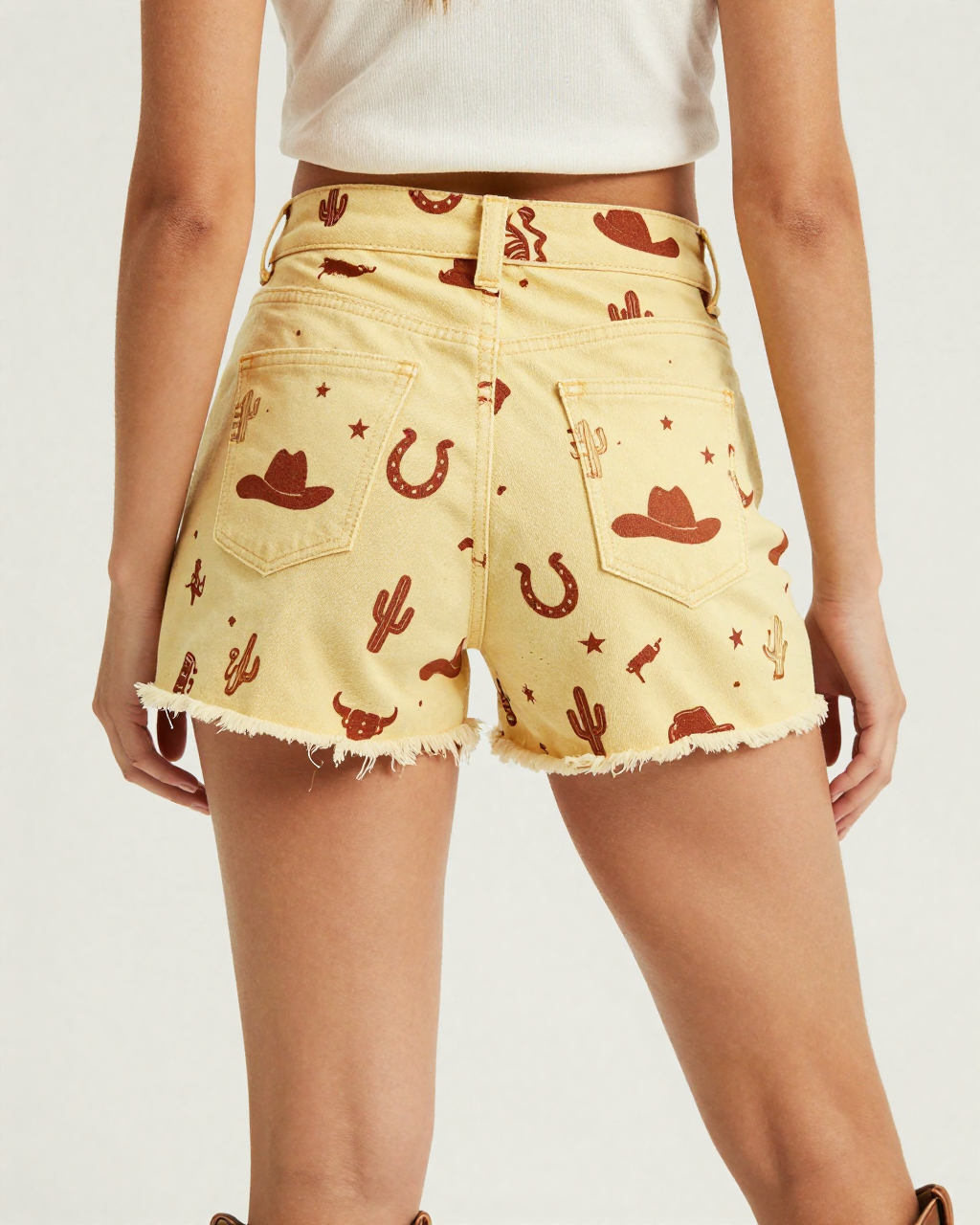 Sunshine Rodeo Denim Shorts – Back View – Jessie – Gold / Brown / Cream