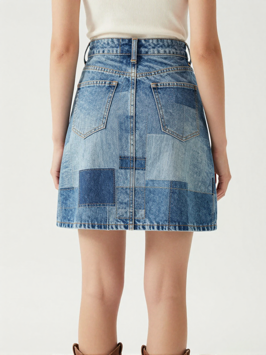 Denim Patchwork Denim Mini Skirt – Back View – Jessie – Multi Blue / Light Wash