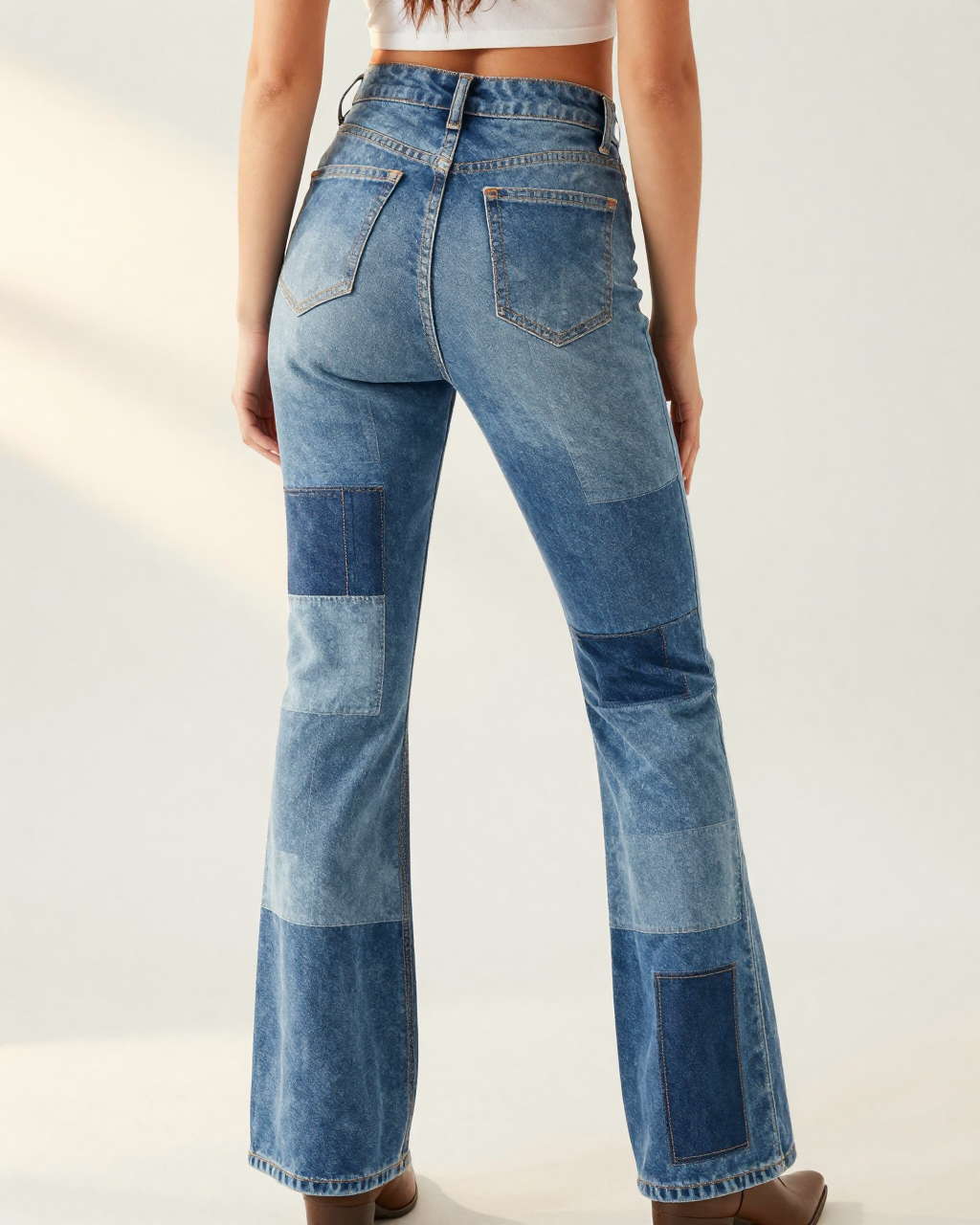 Denim Patchwork Bootcut Jeans – Back View – Riley – Multi Blue / Light Wash