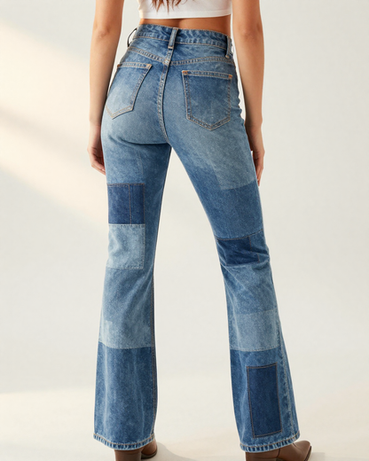 Denim Patchwork Bootcut Jeans – Back View – Riley – Multi Blue / Light Wash