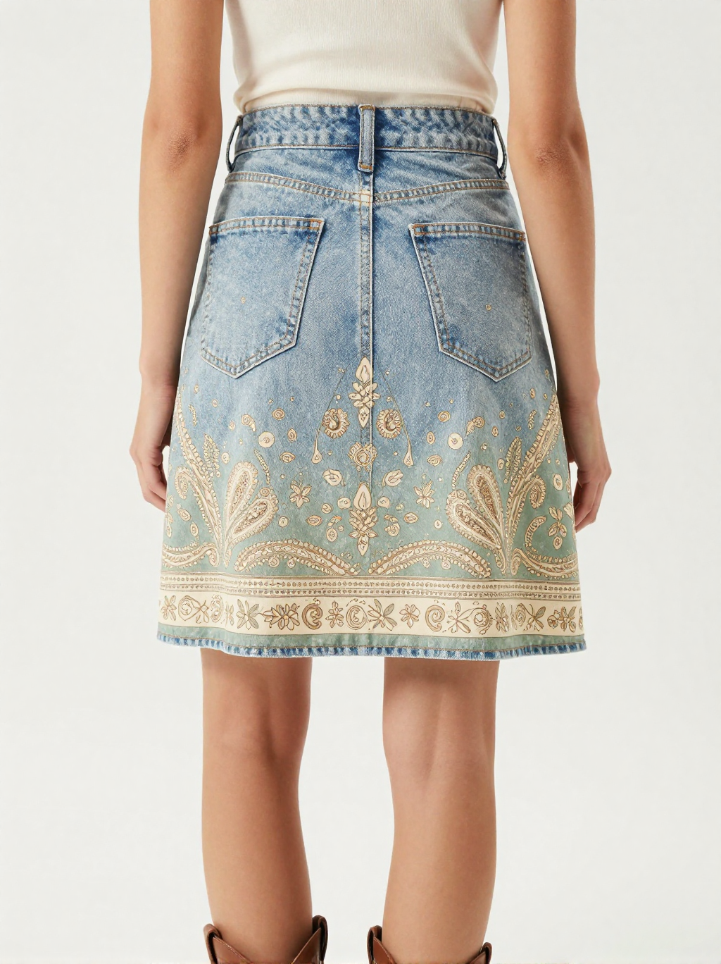 Sage Boho Bandana Denim Mini Skirt – Back View – Jessie – Sage / Cream