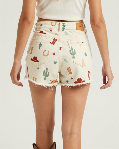 Cowgirl Toss Warm Denim Shorts – Back View – Jessie – Terracotta / Sage / Cream