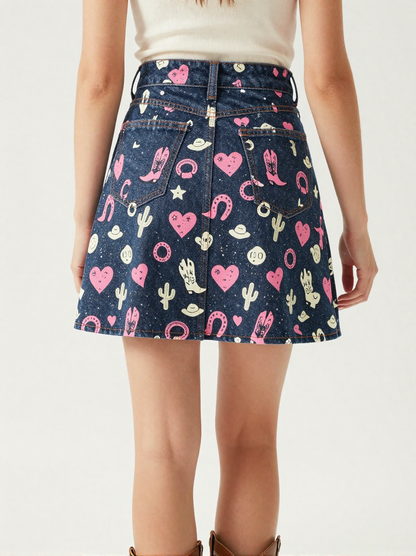 Rodeo Pink Denim Mini Skirt – Back View – Jessie – Pink / Coral / White