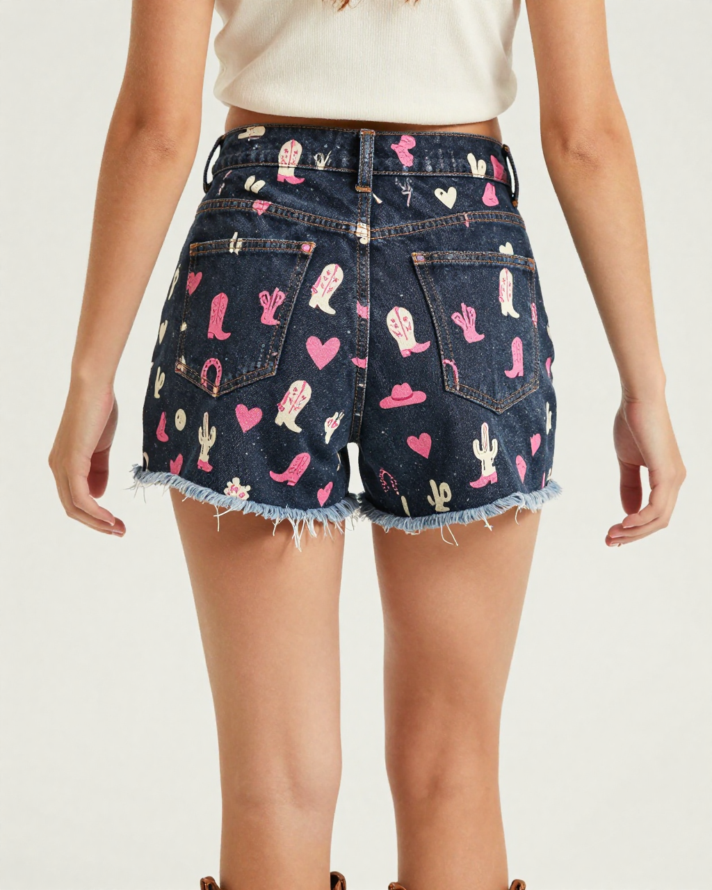 Rodeo Pink Denim Shorts – Back View – Jessie – Pink / Coral / White