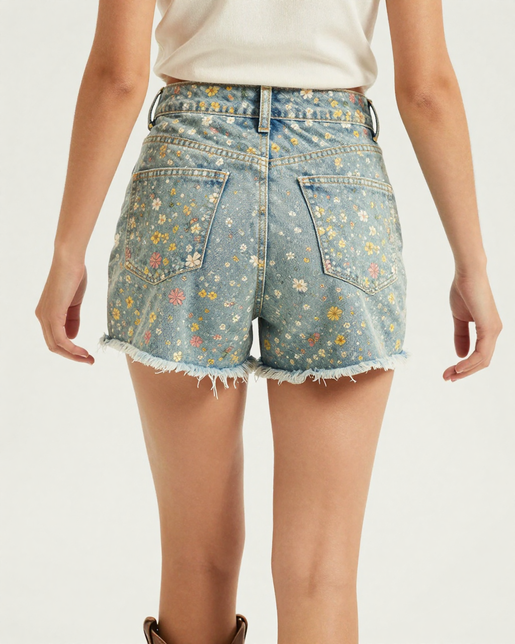 Wildflower Scatter Denim Shorts – Back View – Jessie – Multi / Sage