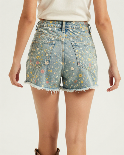 Wildflower Scatter Denim Shorts – Back View – Jessie – Multi / Sage