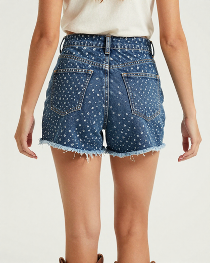 Micro Paisley Navy Denim Shorts – Back View – Riley – Navy / White