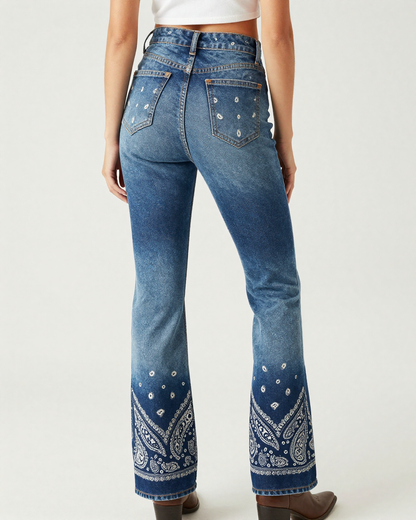 Paisley Fade Navy Bootcut Jeans – Back View – Riley – Navy / White