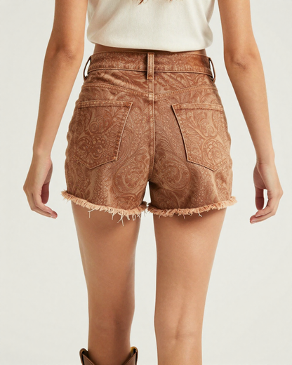 Tooled Leather Denim Shorts – Back View – Jessie – Saddle Brown / Dark Brown