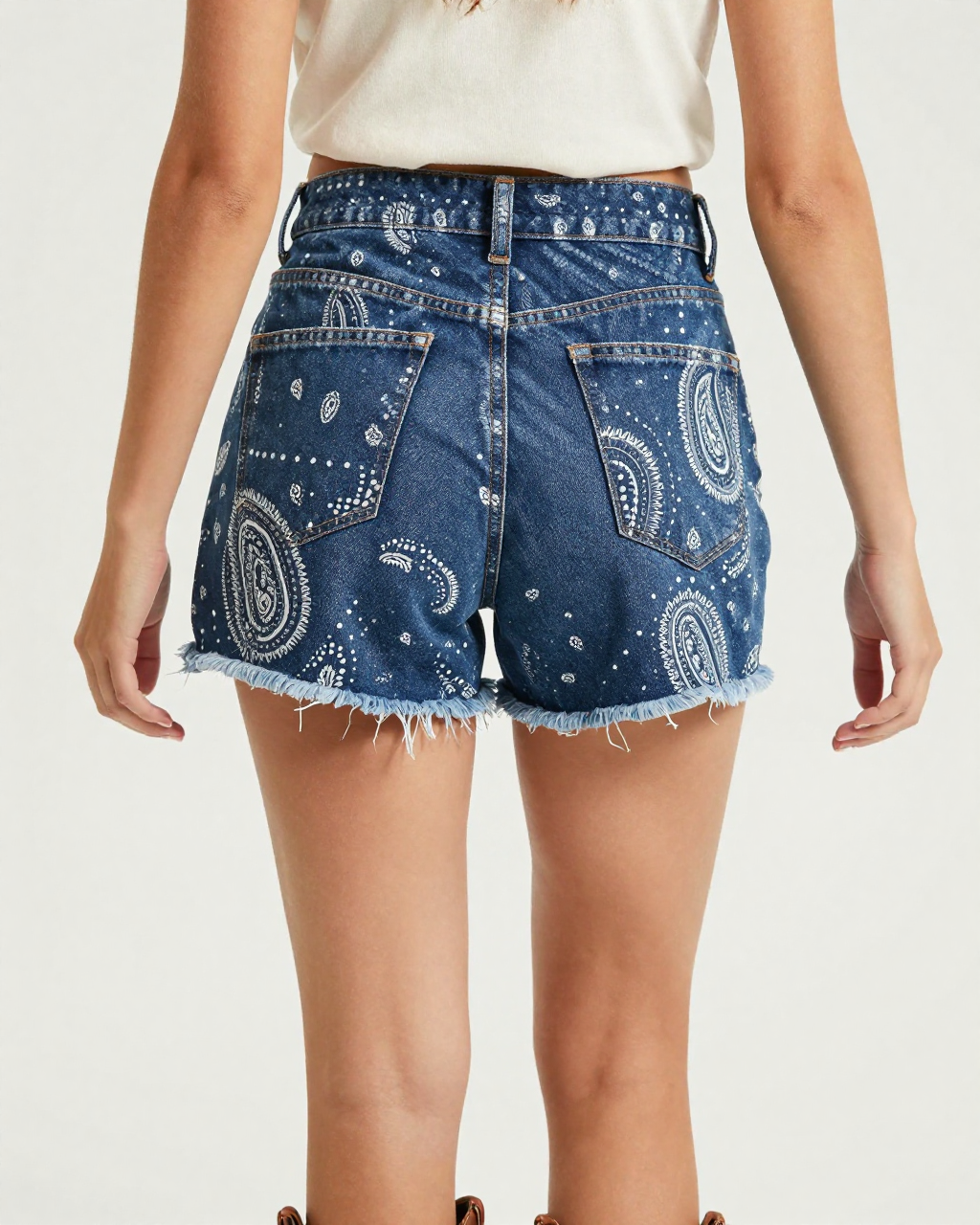Midnight Navy Bandana Denim Shorts – Back View – Jessie – Navy / White