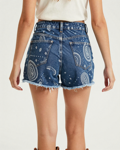 Midnight Navy Bandana Denim Shorts – Back View – Jessie – Navy / White
