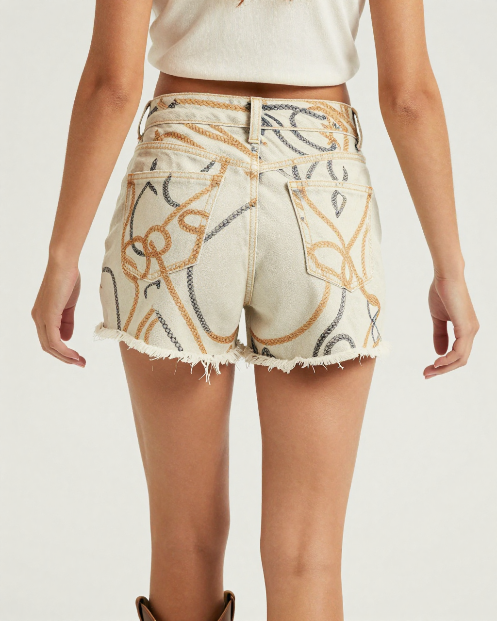 Rope Weave Denim Shorts – Back View – Jessie – Hemp Tan / Sisal / Cream