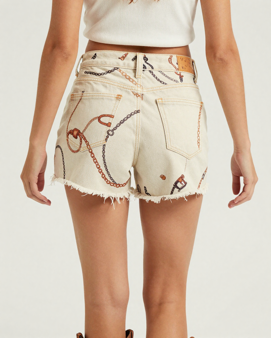 Bit & Chain Cream Denim Shorts – Back View – Riley – Cream / Ivory
