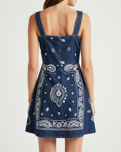 Midnight Navy Bandana Structured Mini Dress – Back View – Riley – Navy / White