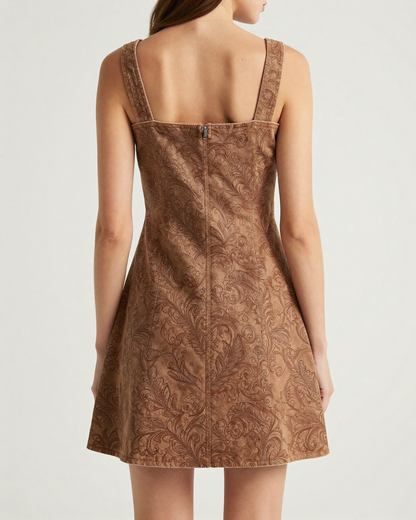 Tooled Leather Structured Mini Dress – Back View – Riley – Brown / Tan