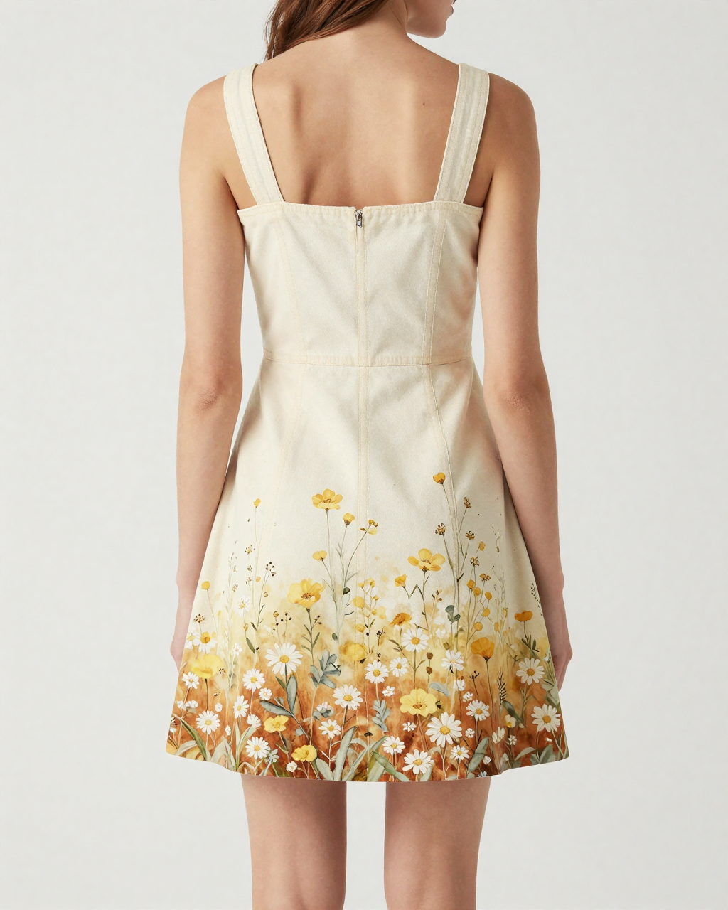 Daisy Cascade Rust Structured Mini Dress – Back View – Riley – Rust / Cream