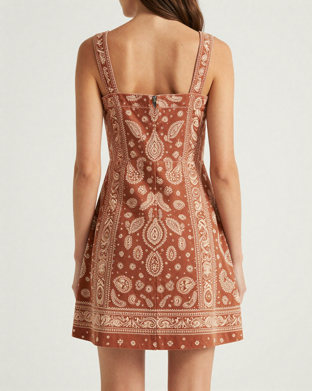 Rust Earth Bandana Structured Mini Dress – Back View – Riley – Rust / Cream