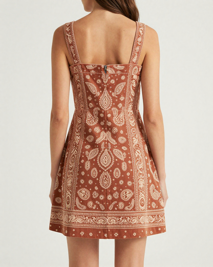 Rust Earth Bandana Structured Mini Dress – Back View – Riley – Rust / Cream