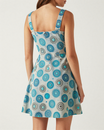 Concho Turquoise Structured Mini Dress – Back View – Riley – Cream / Ivory