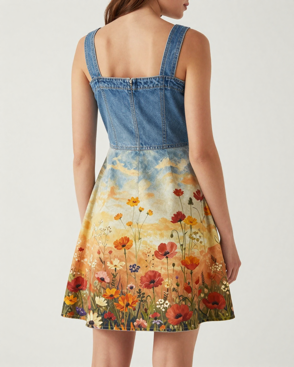 Sunset Meadow Gold Structured Mini Dress – Back View – Riley – Gold / Cream