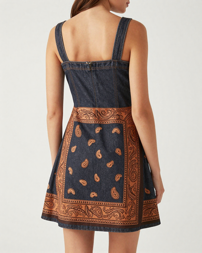Western Paisley Medallion Structured Mini Dress – Back View – Riley – Brown / Tan