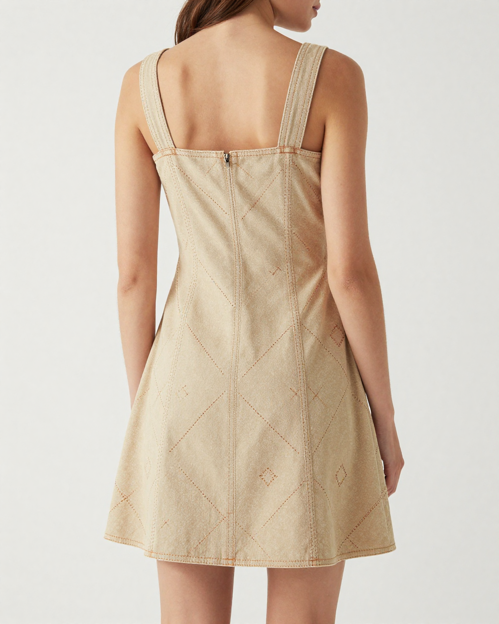 Saddle Stitch Structured Mini Dress – Back View – Riley – Tan / Brown