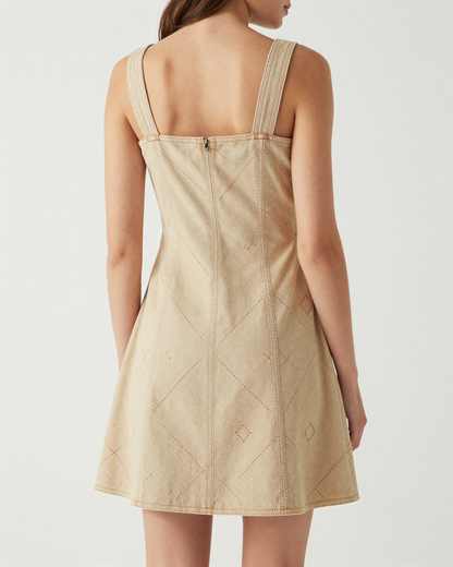 Saddle Stitch Structured Mini Dress – Back View – Riley – Tan / Brown