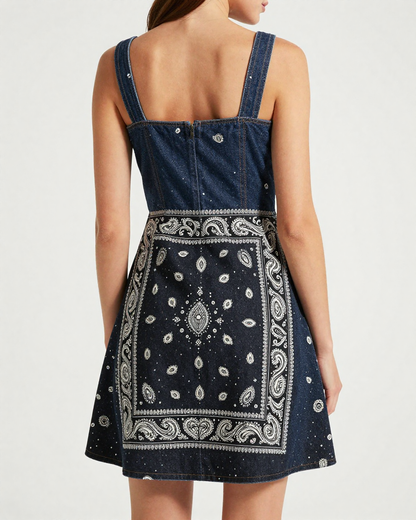 Black Bandana Structured Mini Dress – Back View – Riley – Black / Cream