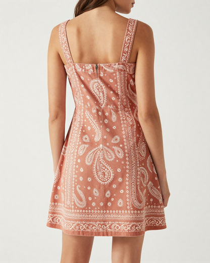 Terracotta Bandana Structured Mini Dress – Back View – Riley – Terracotta / Cream