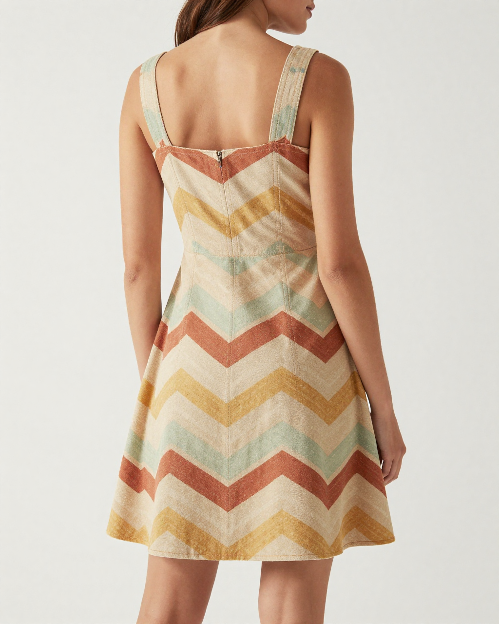 Mesa Zigzag Structured Mini Dress – Back View – Riley – Tan / Brown