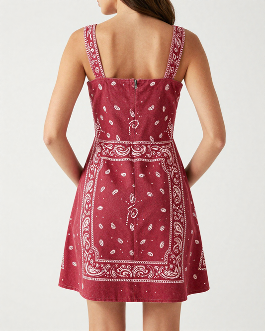 Classic Red Bandana Structured Mini Dress – Back View – Riley – Red / Navy