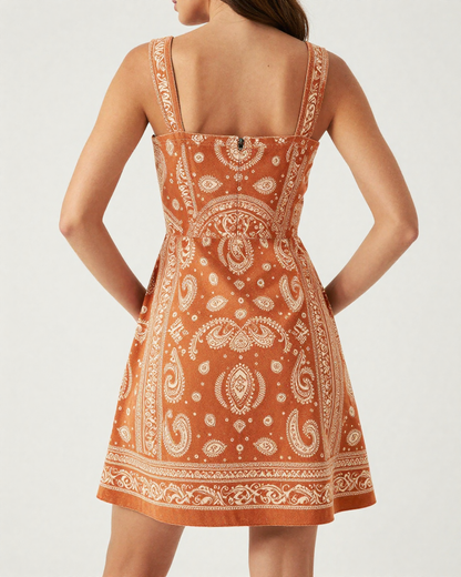 Burnt Orange Bandana Structured Mini Dress – Back View – Riley – Burnt Orange / Ivory