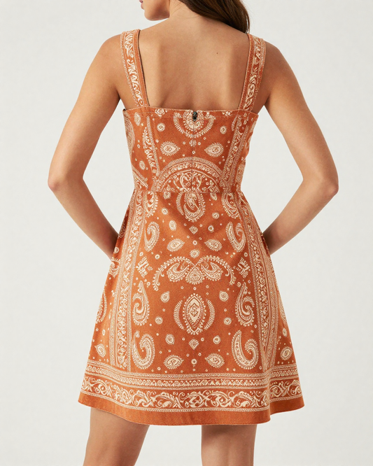 Burnt Orange Bandana Structured Mini Dress – Back View – Riley – Burnt Orange / Ivory