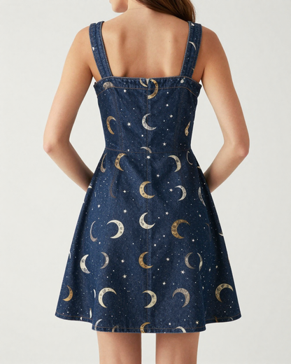 Moon Phase Horseshoe Structured Mini Dress – Back View – Riley – Navy / White