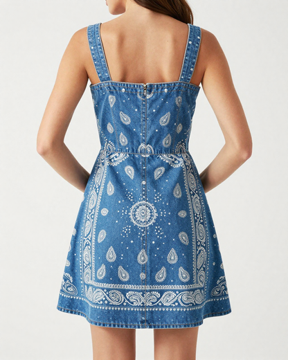 Turquoise Bandana Structured Mini Dress – Back View – Riley – Turquoise / Silver