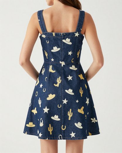 Cowgirl Toss Cool Structured Mini Dress – Back View – Riley – Navy / White