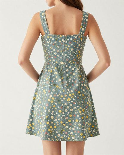 Wildflower Scatter Structured Mini Dress – Back View – Riley – Cream / Multicolor