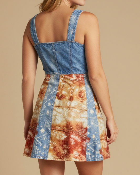 String Lights Trail Structured Mini Dress – Back View – Riley – Midnight Indigo / Copper / Trail Bone