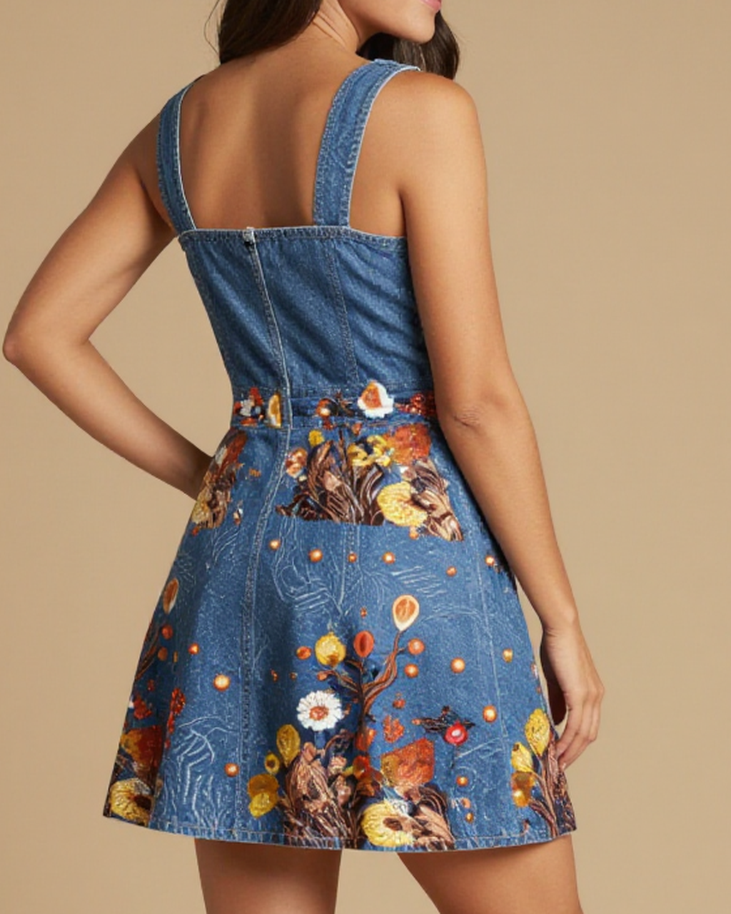 Amber Bulb Bloom Structured Mini Dress – Back View – Jessie – Indigo / Copper / Trail Bone