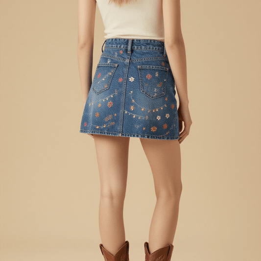 String Lights Trail Denim Mini Skirt – Back View – Riley – Indigo / Copper / Cream