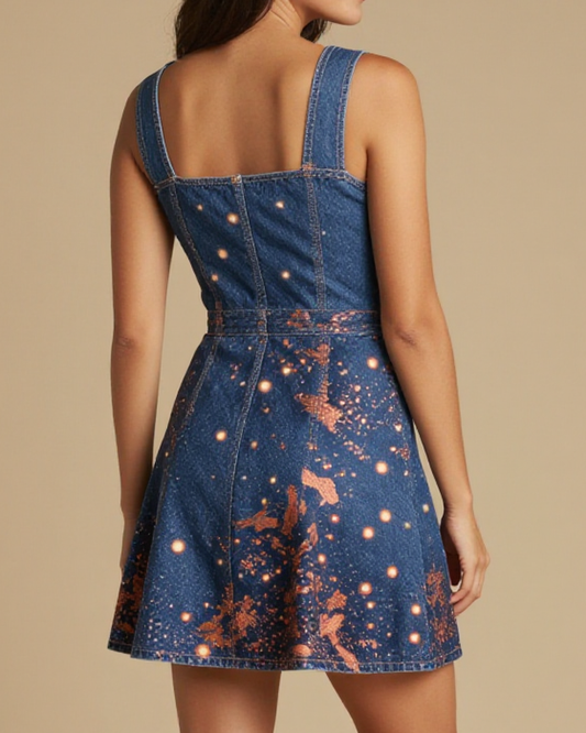 Firefly Dance Dust Structured Mini Dress – Back View – Jessie – Indigo / Copper / Trail Bone