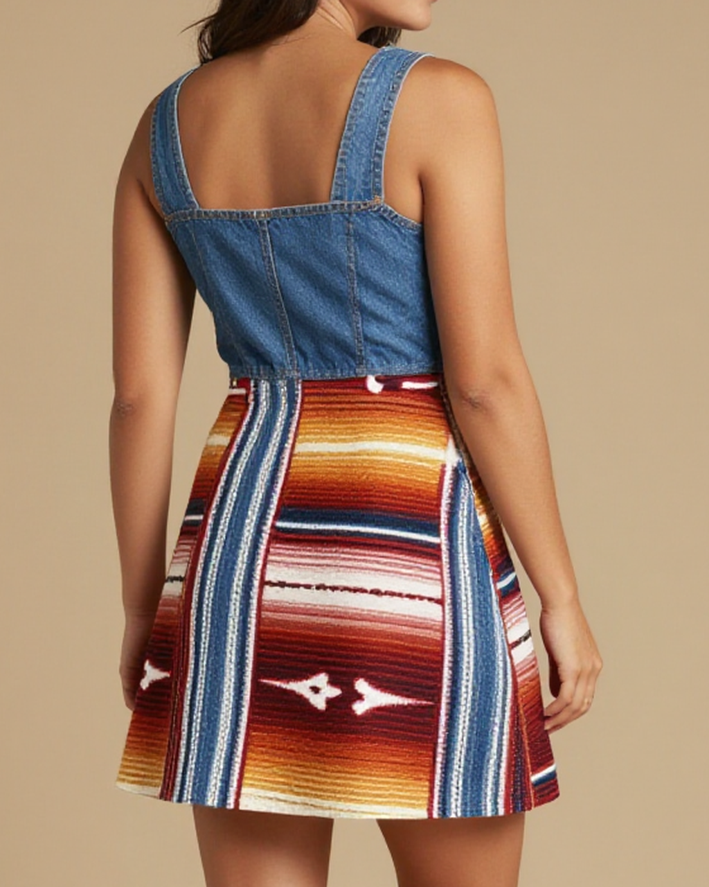Saltillo Classic Center Structured Mini Dress – Back View – Riley – Cream / Terracotta / Indigo