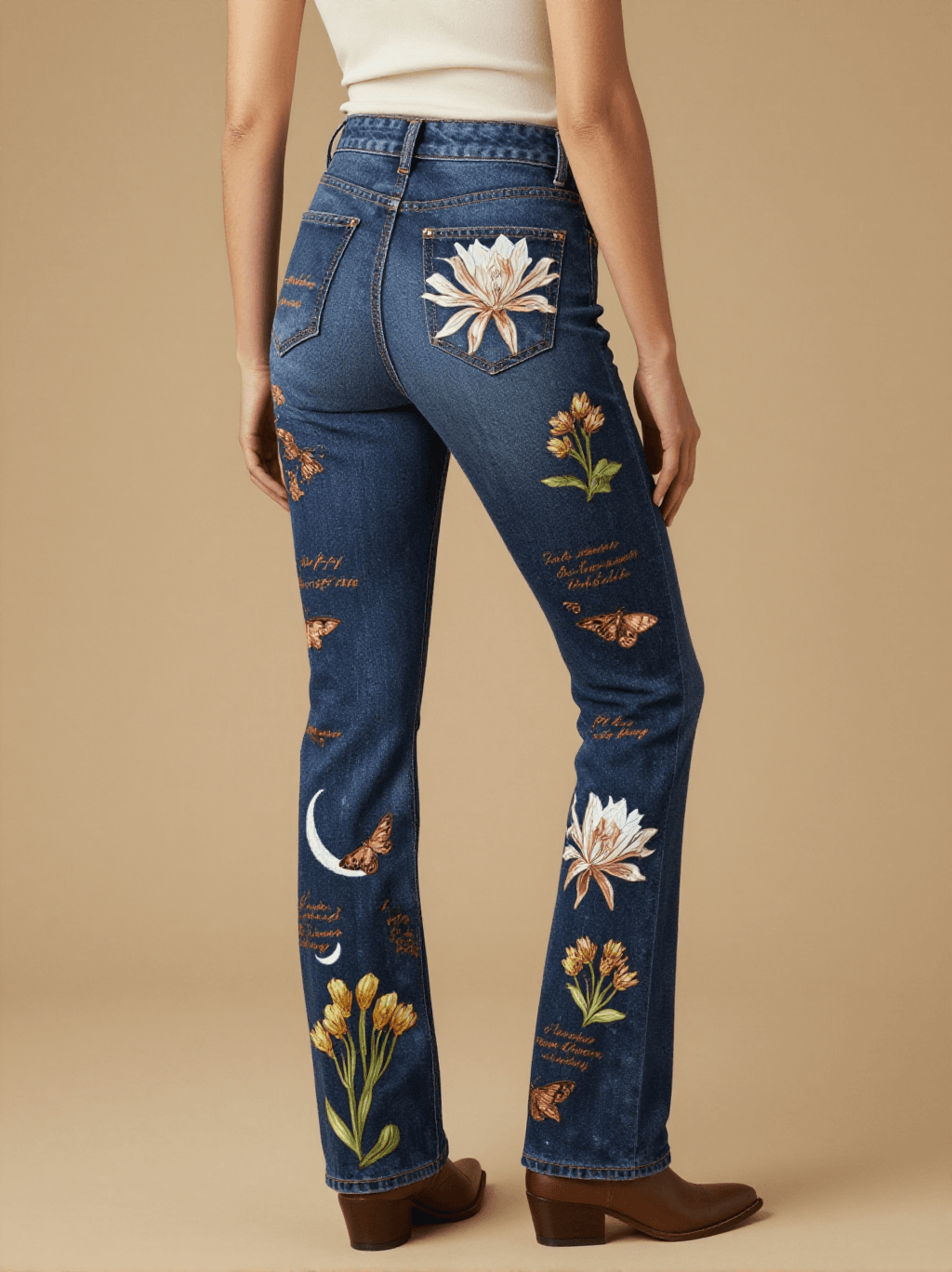 Nocturnal Bloom Cabinet Bootcut Jeans – Back View – Dottie – Midnight Indigo / Cream / Gold
