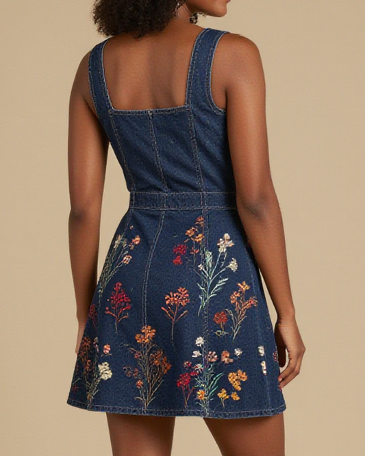 Prairie Waltz Floral Structured Mini Dress – Back View – Amara – Indigo / Wildflower Multi