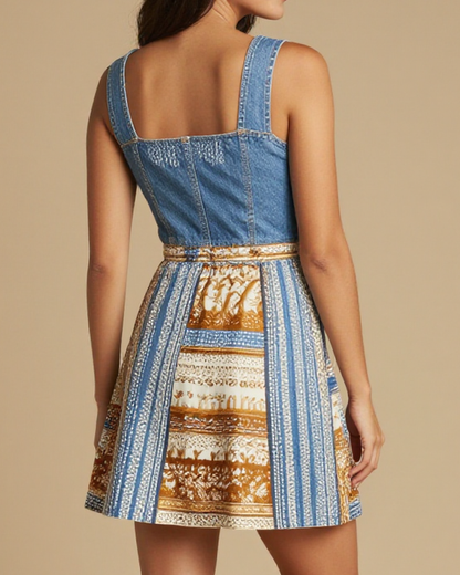 Fairground Bulb Stripe Structured Mini Dress – Back View – Jessie – Indigo / Copper / Trail Bone