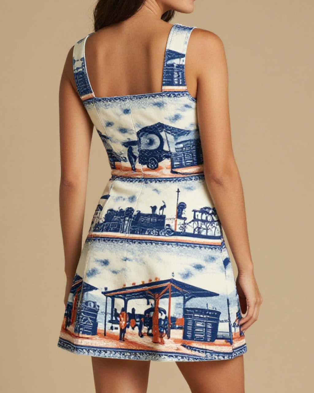 Train Station Farewell Structured Mini Dress – Back View – Riley – Cream / Indigo / Terracotta