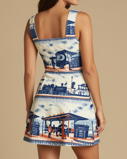 Train Station Farewell Structured Mini Dress – Back View – Riley – Cream / Indigo / Terracotta