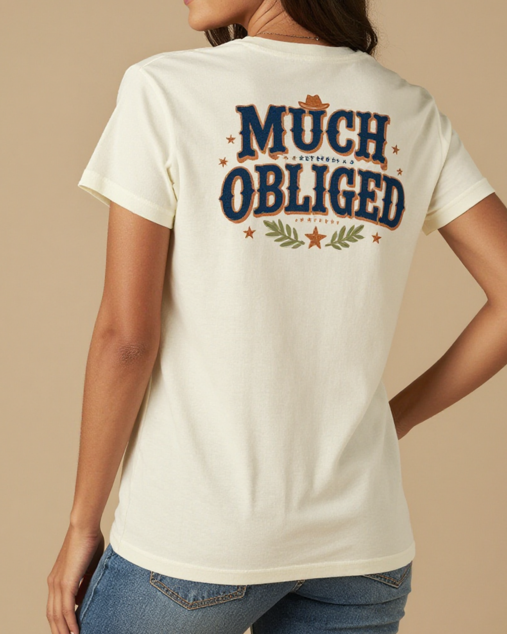 Much Obliged Washed Tee – Back View – Jessie – white