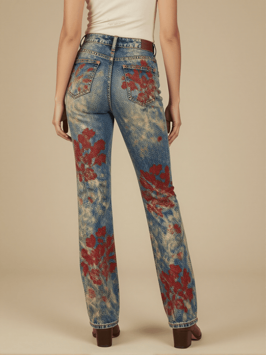 Bold Roan Cluster Bootcut Jeans – Back View – Mara – Faded Denim / Roan Red / Cream