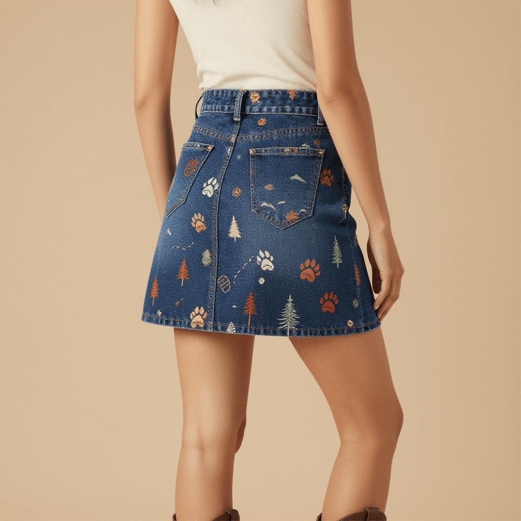 Bear Paw Trail Denim Mini Skirt – Back View – Jessie
